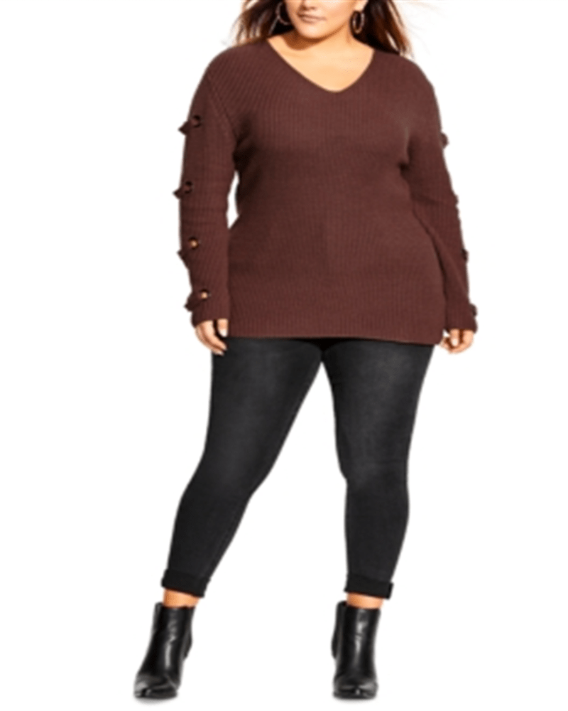 Front of a model wearing a size 22W City Chic Women's Plus Pullover Sweater Eyelet V-Neck Nutmeg Size 22W in Brown by City Chic. | dia_product_style_image_id:314312